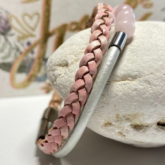 Natural Rose Quartz Beaded Bolo Braided Leather Mother and Daughter Bracelet - Picture 9 of 10